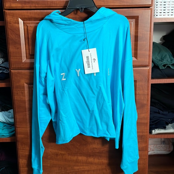NWT Zyia Active Sky Blue ZYIA Raw Edge Crop Hoodie size XL - Picture 2 of 4